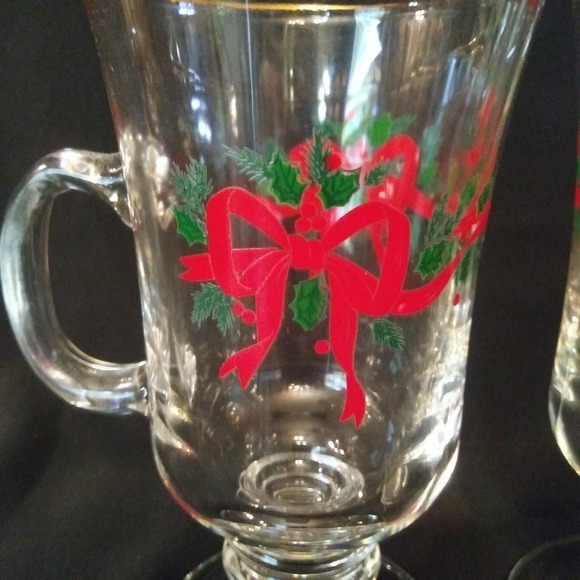 2 Vintage Libbey Clear Glass Pedestal Christmas Bow Irish Coffee Mugs Gold Trim - Picture 6 of 11